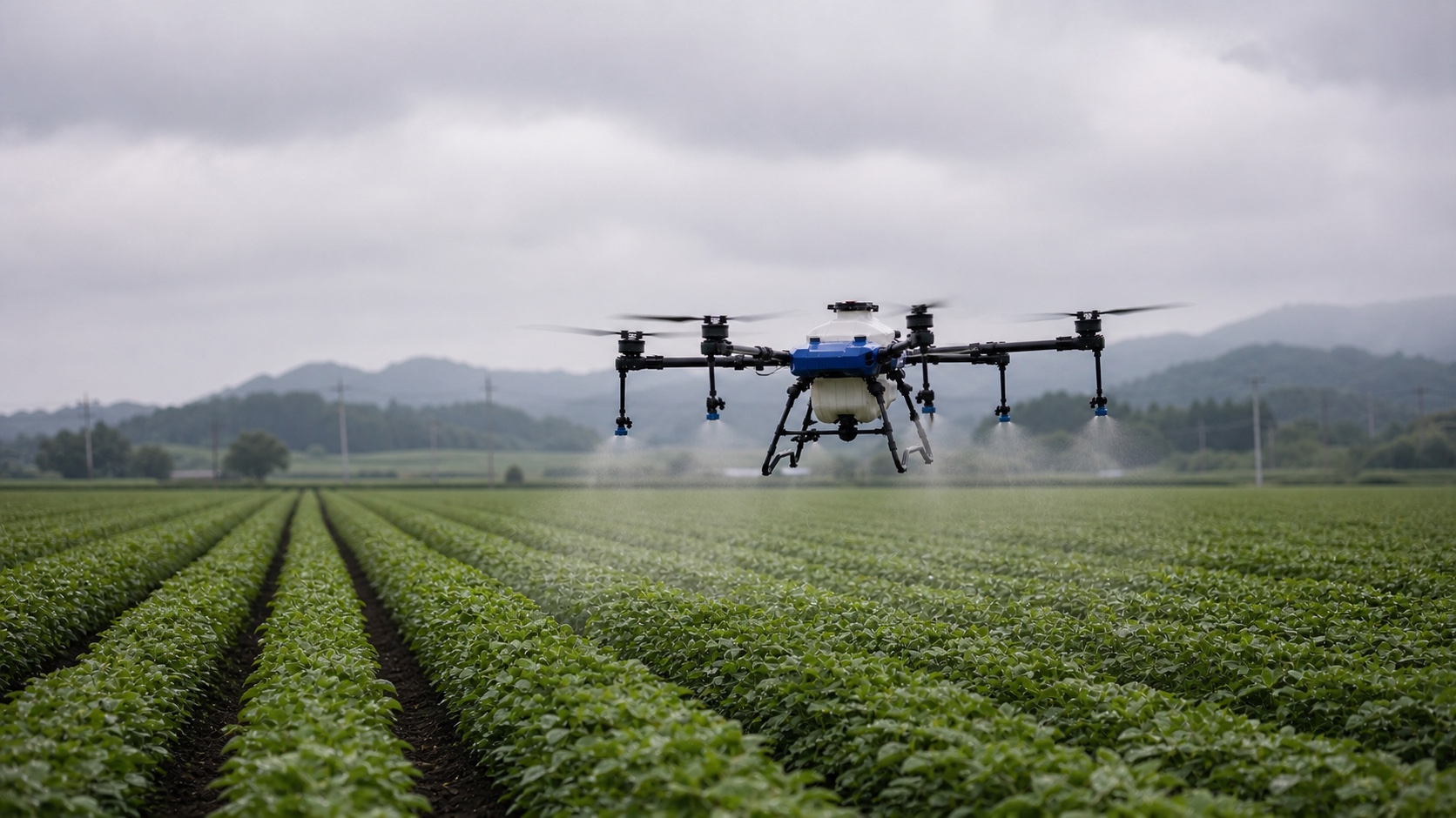 An agricultural drone performing uniform crop treatment over a field