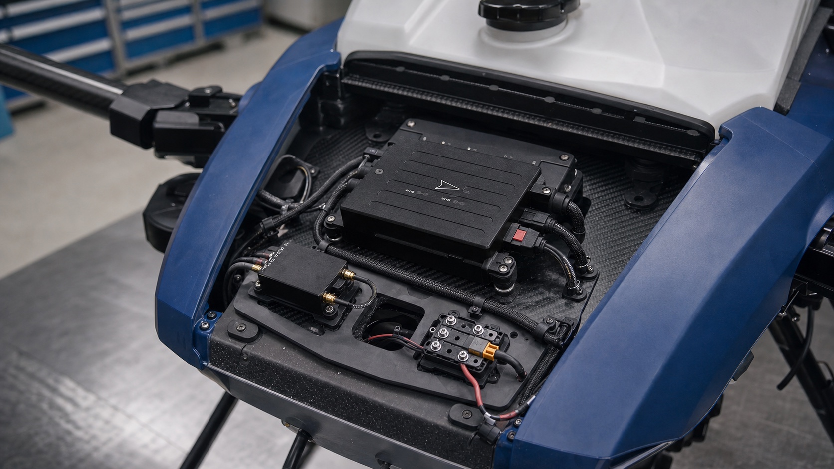 An integrated flight-control system installed in a drone avionics bay