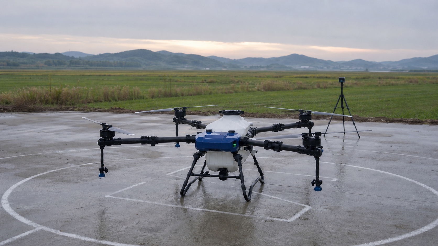 An agricultural drone ready for its next flight at an outdoor test site