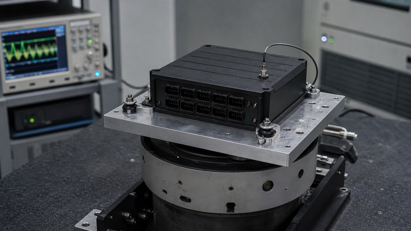 A flight-control computer secured to a vibration-test system